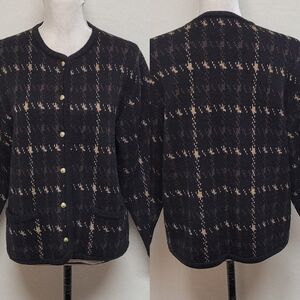 80s Vintage Crystal Kobe Black Brown Abstract Houndstooth Knit Cardigan Sweater